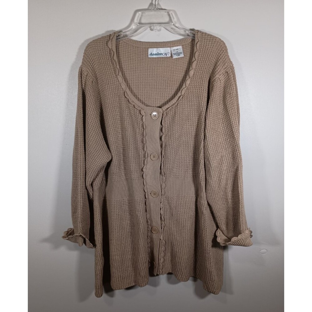 Denim 24/7 Waffle Knit Tan Big Button Scoop Neck Ruffle Sweater Plus Size 3X